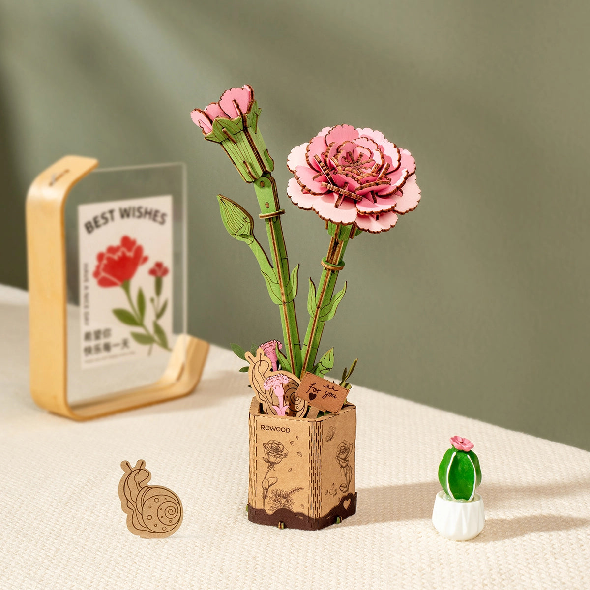 Rowood 3D Wooden Puzzle - Wooden Flower Pink Carnation