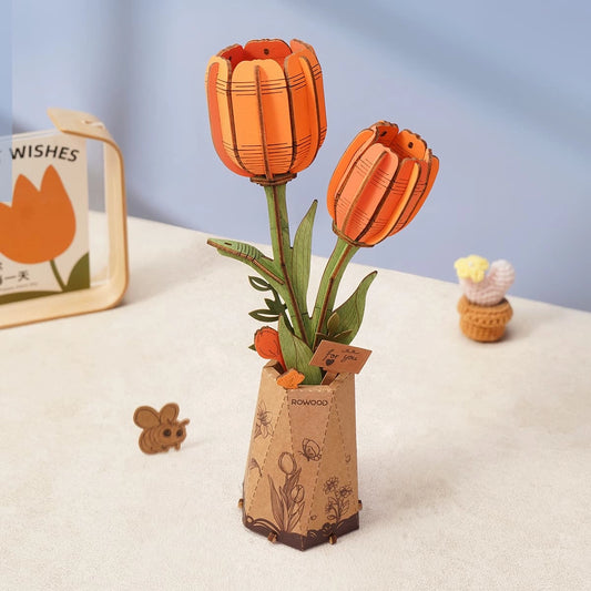 Rowood 3D Wooden Puzzle - Wooden Flower Orange Tulip