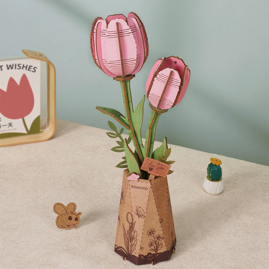 Rowood 3D Wooden Puzzle - Wooden Flower Pink Tulip